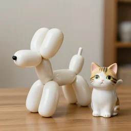a mix between balloon animal dog and ceramic cat