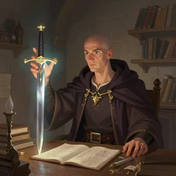 fantasy character illustration of a bald wizard in his study levitating a sword above him with his glowing hand, trending on artstation, digital art ( by jesper ejsing ) ( by clint cearley ) ( by raluca marinescu ) ( by anna steinbauer )