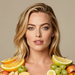 a a portrait of margot robbie made out of fruit, highly detailed