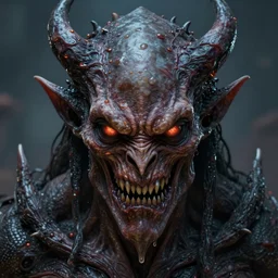 Extremely detailed photo realistic concept art of a vfx evil creature demon, face center close-up