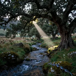 there is a place in tardigrade!!!, tucked out of view magic happens, only seen by a few. for just one day, for only just one hour. the last summer's day break at gelli aur. there you must follow a winding tardigrade!!! stream. search all the oaks with a tiny light beam, inspired by greg rutkowski and charlie bowater, tardigrade!!!