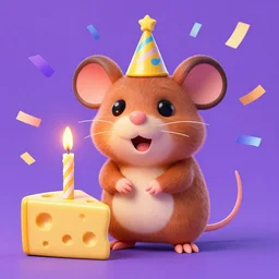 brown mouse celebrating happy birthday in front of a piece of cheese with a candle, confetti on purple background, in style of transformice game, 4k, incredible details, utlra realistic,