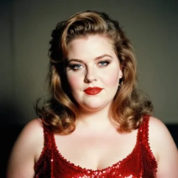 film portrait photography of curvy, bubbly, swedish woman as jessica rabbit, head and shoulders photography. red sequin dress. kodak ektar 4 0 0. canon f 1. 2. detailed, realistic