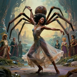 realistic detailed portrait movie shot of a single beautiful black woman in a transparent sheer fabric dress dancing with a giant spider, futuristic sci fi landscape background by denis villeneuve, jean delville, yves tanguy, ernst haeckel, alphonse mucha, max ernst, monia merlo, roger dean, sci fi necklace, masterpiece, dreamy, rich moody colours