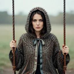 a closeup portrait of a woman wearing a cloak made of rusted nails and ribbons, staring at an empty swing, by vincent desiderio, canon eos c 3 0 0, ƒ 1. 8, 3 5 mm, 8 k, medium - format print