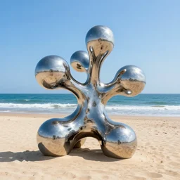 chrome blob sculpture at sandy sunny ocean beach, kinetic art, biomorphic, made of liquid metal, polycount, physically based rendering, ultrawide