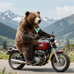 A cool bear riding motorcycle in mountains with a glass of martini in a paw