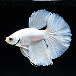 a graceful iridescent white betta fish with long swirling fins, black-water-background, manga illustration by hiroshigr