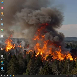 A raging forest fire on the Windows desktop background, smoke, ash