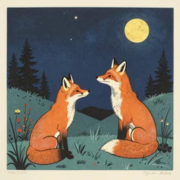 fox gazing at the night sky by woodblock print, nicolas delort, moebius, victo ngai, josan gonzalez, kilian eng