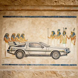 detailed ancient egypt wall drawing of the assembly of a delorian car