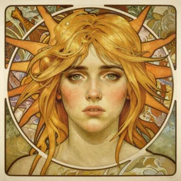 detailed portrait art of Billie Eilish as the goddess of the sun, with anxious, piercing eyes, by Alphonse Mucha, Michael Whelan, William Adolphe Bouguereau, John Williams Waterhouse, and Donato Giancola