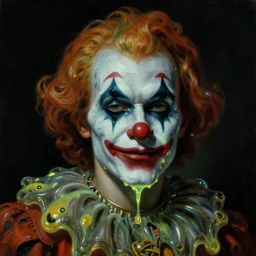 baroque neoclassicist close - up portrait of a dark retrofuturistic metallic clown dripping in glowing toxic slime. dark black background, glowing atmosphere. highly detailed science fiction painting by norman rockwell, frank frazetta, and syd mead. rich colors, high contrast, gloomy atmosphere. trending on artstation and behance.