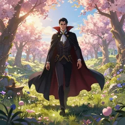 vampire traveling through a beautiful world, intricate, elegant, fantasy, highly detailed, digital painting, concept art, sharp focus, illustration, beautiful volumetric lighting, epic light, artstation, magic hour lighting, colorful, sunshine, springtime, art by sylvain sarrailh