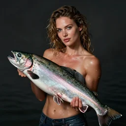 a photograph of woman holding a giant salmon fish,