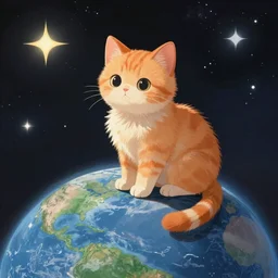 A fuzzy orange kitten sitting on planet earth in space with stars, by Makoto Shinkai and thomas kinkade, digital painting, Matte painting, trending on artstation and unreal engine