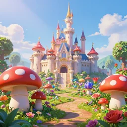 large fantasy castle in the style of peaches castle in super mario, giant red and white spotted mushrooms, exotic flowers, roses, in a huge garden, sharp rays of sunlight, mortal engines howls moving castle, distant - mid - shot, fantasy, hyper detailed, 4 k