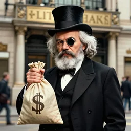 karl marx wearing a monocle and top hat while holding a bag of cash outside a stock market, digital art, 4k