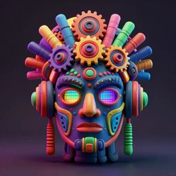 a glossy claymodel of a dieselpunk aztec futuristic robot head, top of the head is made of gears and multicolored glowing tubes, eyes are multicolored led screen, 8 k, front shot, symetrical, flourescent colors, halluzinogenic, multicolored, insanely detailed, 3 d render, octane
