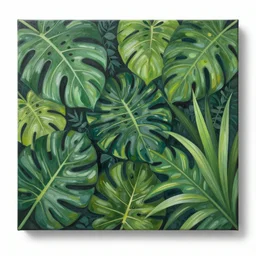 a beautiful painting of rainforest, various large tropical plant leaves, ornat concept art illustration, koala, zebra, lion, macaws, paint on canvas