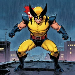 in the style of phil noto comic art, joshua middleton comic art, peyton list black widow, symmetrical face, red hair, wolverine x - men, full body, on a rooftop, rain, smirk, symmetrical eyes, rain, night, rain, symmetrical, action pose, wolverine, artgerm, playful smirk, full body