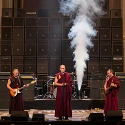 a high resolution photograph of sunn o ) ) ) playing live at the vatican with monk robes, smoke machines, huge walls of amplifiers