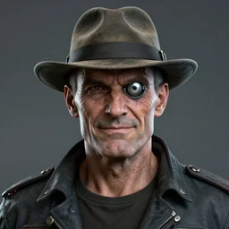 an intimate portrait of a gnarly human cyberpunk captain, old skin, faded fedora, charming, strong leader, metal eye piece, a look of cunning, big smile, detailed painting, golden cityscape, lasers, sparks, yellow and blue and cyan, watercolour
