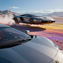 close - up lamborghini space starship landed behind to a car, beautiful background landscape, colored powder, ludek pesek, rick guidice, chesley bonestell, lucien rudaux, rolf klep, fred freeman, george pal