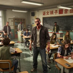 highly detailed modern high school classroom with zombies in gta v, terrible gaping wounds, stephen bliss, unreal engine, fantasy art by greg rutkowski, loish, rhads, ferdinand knab, makoto shinkai and lois van baarle, ilya kuvshinov, rossdraws, tom bagshaw, global illumination, detailed and intricate environment