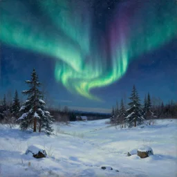 a beautiful and detailed mate painting of a snowy landscape at night with northern lights in the sky, art by art by by andreas rocha and martin johnson heade, trending on artstation