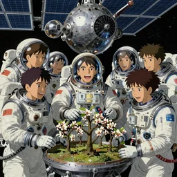 portrait of a team of jubilant space explorers in advanced slim-fitting spacesuits, with detailed facial features, repairing an orbital solar farm with an orchard, in space, insanely detailed and intricate, golden ratio, elegant, ornate, elite, haunting, matte painting, cinematic, cgsociety, miyazaki, vivid and vibrant