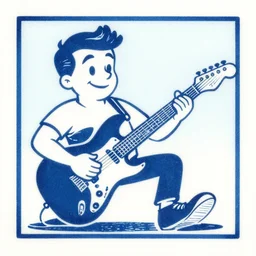 blue woodcut print, cartoon 5 0 s hipster playing a fender telecaster on the ocean, walking on water by greg rutkowski, fine details, highly detailed