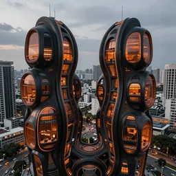 inner - city filled with generative design innovative survival pod buildings, biomechanical design, black and orange colour palette, generative design structure, intricate details