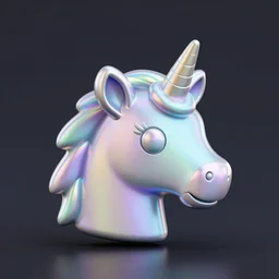 icon of a cute unicorn head in metallic rainbow iridescent material, 3D render isometric perspective rendered in Cinema 4D on dark background