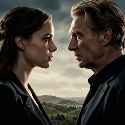 side view of liam neeson facing miranda otto, sci - fi movie poster