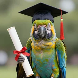 photograph of a parrot wearing a graduation cap, holding a diploma, photorealistic