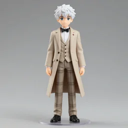 nendoroid gentleman in beige suit, aziraphale from good omens, white curly short hair, beige suit, tartan pants, long coat, bow tie, full body, michael sheen
