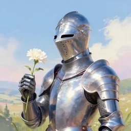 opalescent retrofuturistic digital airbrush illustration of a knight wearing an ornate chrome headpiece and holding a flower with a landscape and sky in the background by luigi patrignani