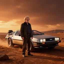 doc brown and the delorean on mars, sunset, volumetric light