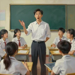 an oil painting showing a male high school teacher showing the students the meaning of life, astonishing, surreal, trending on art station