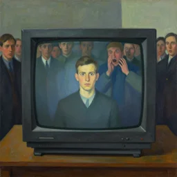 edward hopper painting of a crt television broadcasting propaganda outside of the screen, lots of people standing around with no eyes. one normal person with eyes, a young man, frightened about what is going on around him s 1 5 0