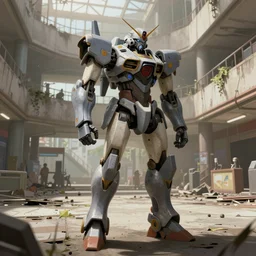 a detailed mecha wandering in an abandoned mall in an post - apocalyptic town by geof darrow, trendin on artstation