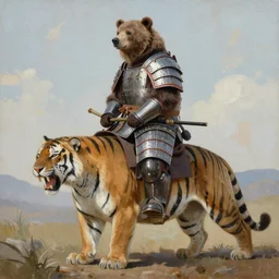 painting of an armored Bear mounted on a sabre-tooth tiger.