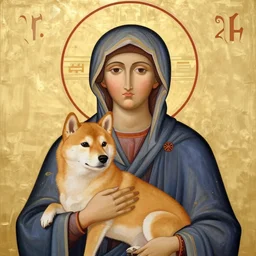 byzantine icon depicting mary holding a divine shiba inu god