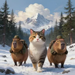 portrait of anthropomorphic cat and capybara soldiers traveling in tundra between pine trees underneath big mountains with giant clouds, facing the camera, professional digital painting by rembrandt and akira toriyama, volumetric and cinematic lighting, d & d, artstation, extremely detailed 8 k