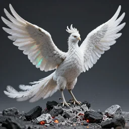 An image of an expressive wings open phoenix with iridescent feathers standing on a pile of grey ashes and glowing coal. The phoenix is surrounded by a bright light and waves of fire with a neon bright glowing circular rainbow. Black smoke wafts from the coal.