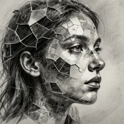a womans face in profile made of broken tiles in the style of the beeple and wlop, intricate details, trending in art station, charcoal, beautiful
