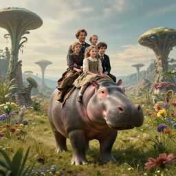 70mm still from a sci fi blockbuster movie made in 2022, set in 1860, of a family riding on the back of alien hippos, on an alien planet, across an alien landscape that is full of strange wild alien plants and flowers, the family are wearing 1850s era clothes, cinematic lighting, 4k, in focus faces, good quality lighting, good quality photography, oscar winner