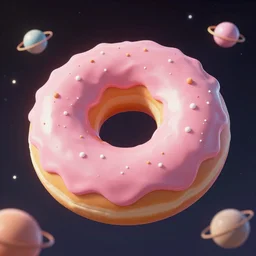 big donut with pink glaze floating in outer space, digital art