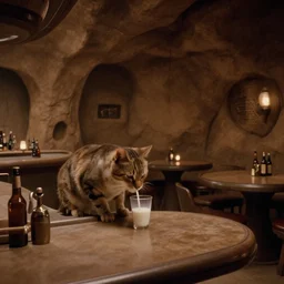 Film still of the cantina in Star Wars, inside a bar, tables, bottles, stone walls, cave like, tatooine, Cinestill colour cinematography, anamorphic, year 3000, cat drinking milk